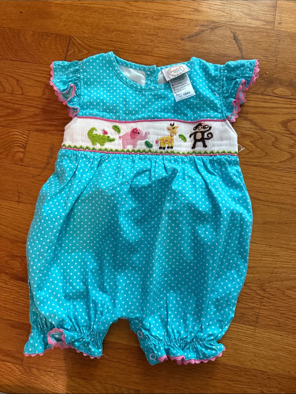 Turquoise Polka Dot Smocked One-Piece for Girls